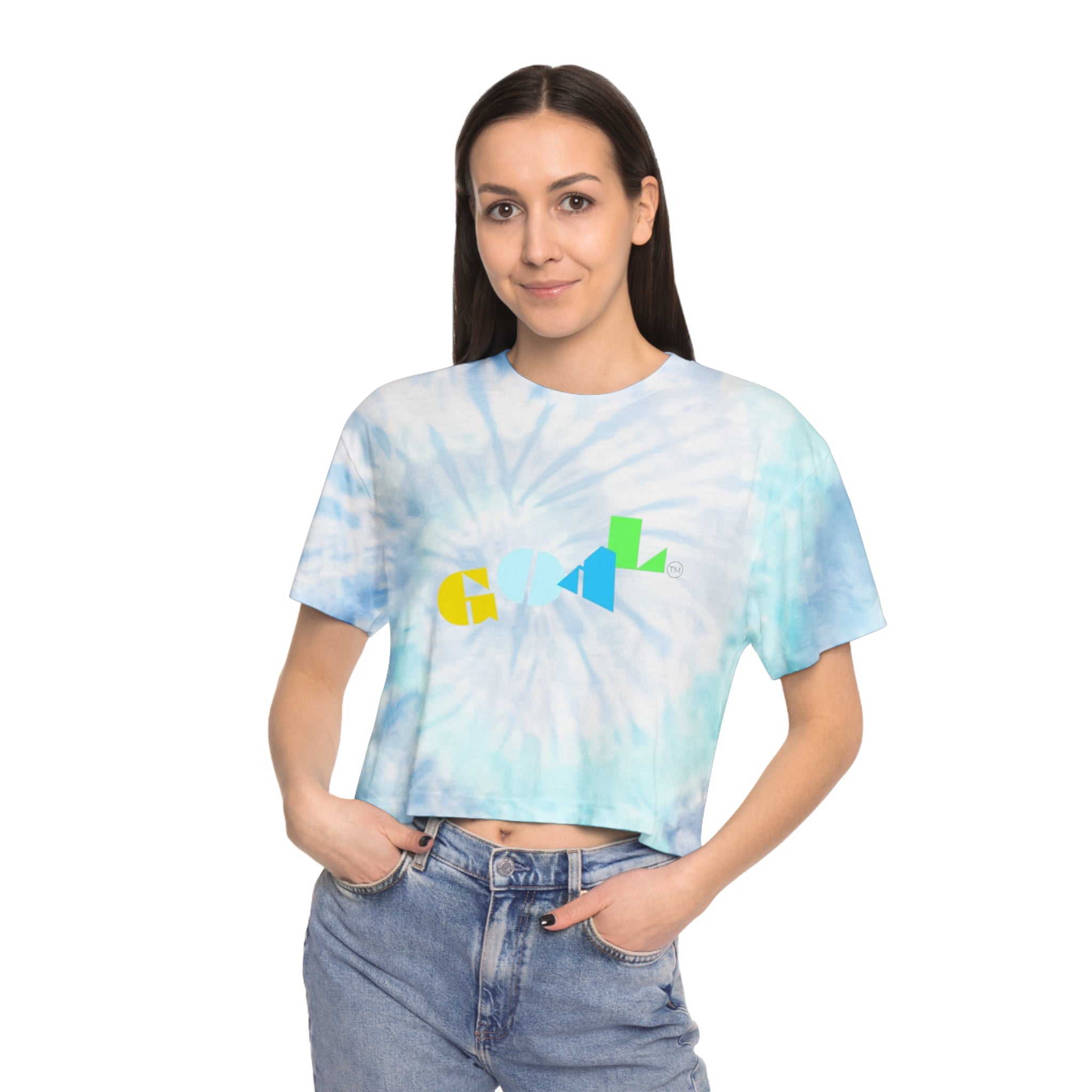 Tie-Dye Crop Tee — Pastel Spiral Cropped T-Shirt with Colorful Geometric 'GIRL' Print